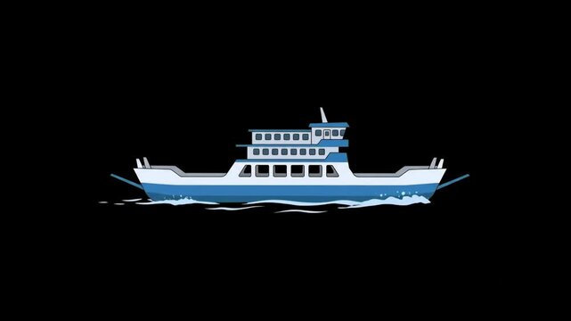 A detailed 2D vector graphic of a passenger ferry boat sailing on ocean water, isolated on a dark black background. Perfect for public transport infographics, maritime travel banners, mobile game asse