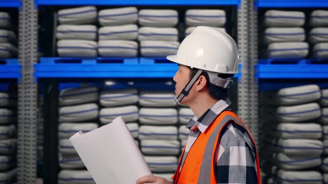 Side View of Asian Male Engineer Looking At Blueprint In His Hands While Walking at Warehouse storage with stacked white sacks