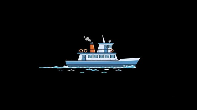 A clean 2D vector illustration of a steamboat with a smoking chimney sailing on water waves, isolated against a solid black backdrop. Ideal for maritime transport animations, nautical graphic designs,