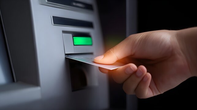 Closeup of hand inserting a debit credit card into atm machine