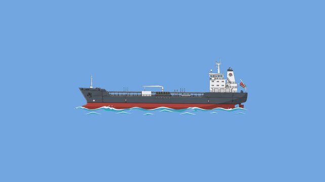 A flat design 2D vector illustration of an industrial oil tanker ship moving across a solid blue backdrop. Perfect for global trade presentations, shipping tutorials, and supply chain motion graphics.