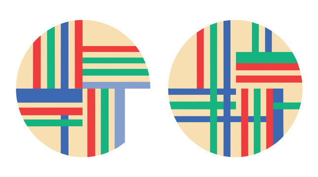 Abstract geometric circles featuring intersecting bold colorful stripes in a minimalist flat vector design for branding and identity design
