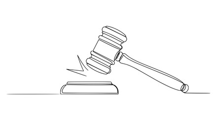 Continuous line drawing of a judge's gavel striking a sound block for legal judgment. © Orti