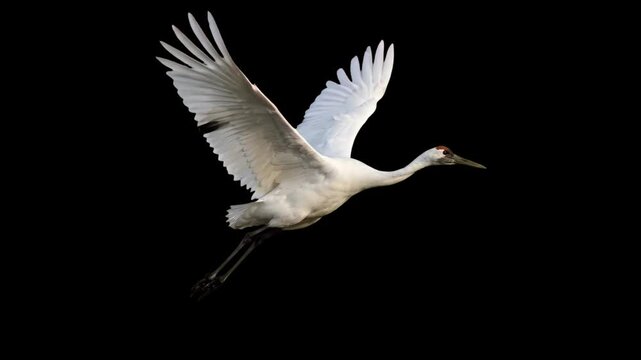 A majestic 3D render of a white crane or egret in mid-flight with wide outstretched wings, isolated against a dark black backdrop. Excellent for nature documentaries, Japanese and Asian art concepts, 
