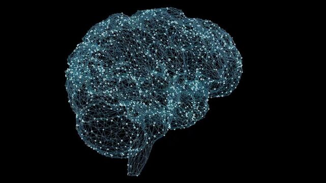 Neural Network brain forming connections on black background. Futuristic AI concept representing data, machine learning, and technological thought processes. Ideal for science and innovation projects.