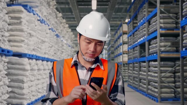 Front View of Asian Male Engineer Use Smartphone While Walking at Warehouse storage with stacked white sacks