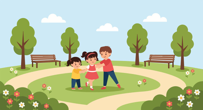 Three happy children are playing together in a beautiful green park with trees, benches, and colorful flowers under a clear blue sky.