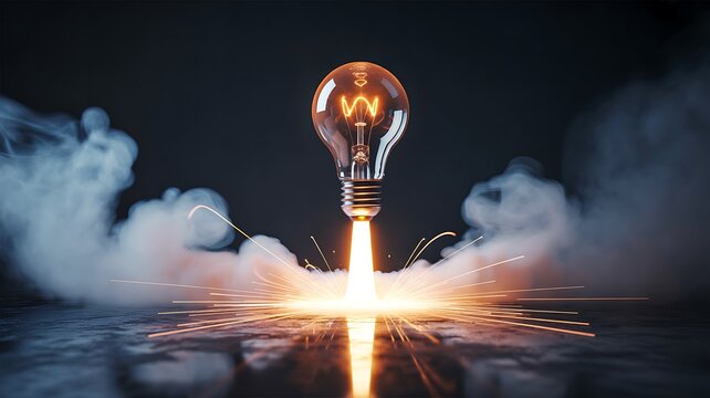 Glowing light bulb launching like rocket representing innovation and creative business ideas