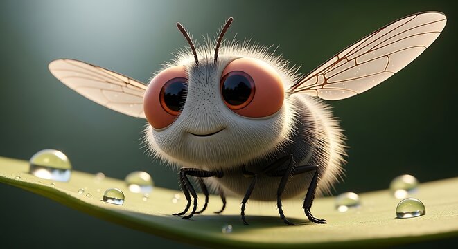 Cute character illustration of a fly on a green leaf