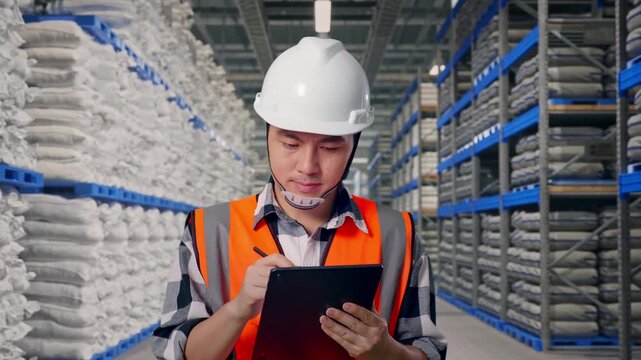 Front View of Asian Male Engineer Taking Note on Tablet While Walking at Warehouse storage with stacked white sacks