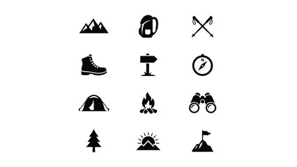 Naklejka premium Minimalist outdoor adventure icon set showcasing hiking essentials and nature symbols for travel branding