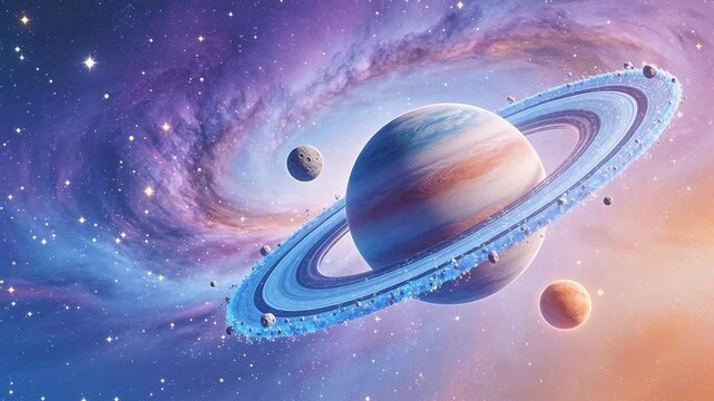 Planet with rings and moons in space