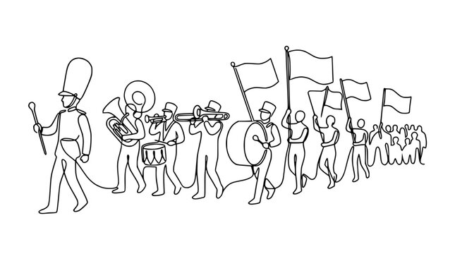 Continuous line drawing of a marching band with musicians, flags, and drum.