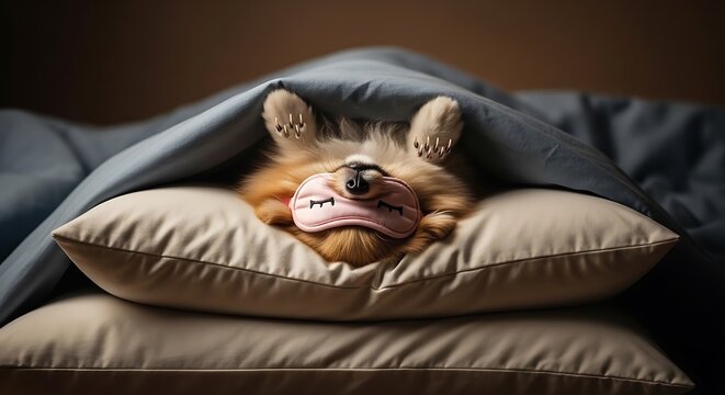 Small dog sleeping in bed with a pink eye mask