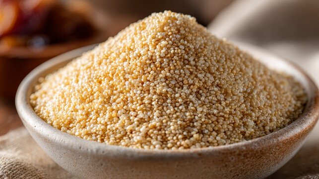 Golden couscous grains heaped in a rustic wooden bowl. A traditional North African staple food, ideal for healthy eating, vegetarian diets, and culinary backgrounds.