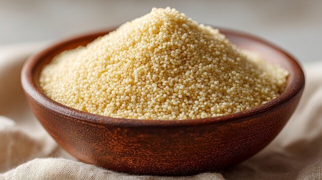Golden couscous grains heaped in a rustic wooden bowl. A traditional North African staple food, ideal for healthy eating, vegetarian diets, and culinary backgrounds.