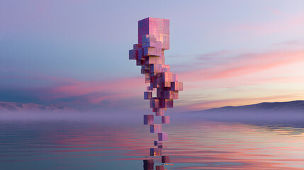 Obraz premium Pixelated Dreamscape: A surreal digital sculpture of ascending cubes dissolves into a tranquil, mist-shrouded landscape under a pastel sunset sky reflected in calm water.