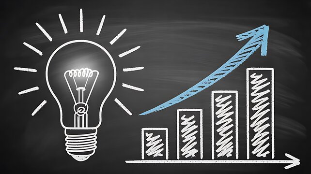 Light bulb idea with business growth chart drawn on blackboard for success concept