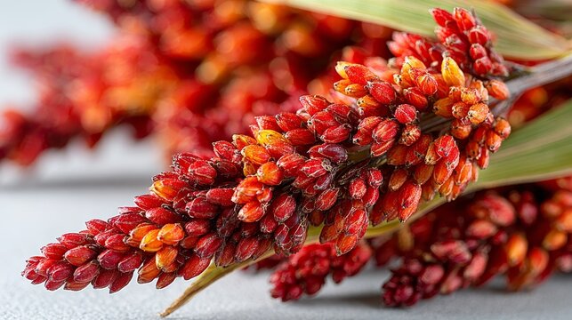 Close-up of red and white sorghum bicolor grains. Dried cereal crop seeds with vibrant colors, representing agriculture, harvest, and gluten-free food concepts.