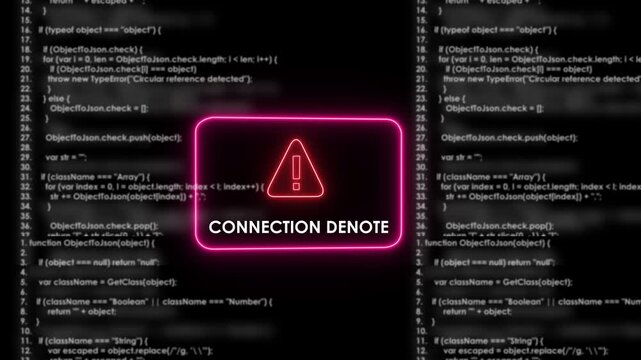 Cybersecurity warning sign with glowing neon connection denote text overlaying scrolling software source code background, for digital technology, network error, data, breach, and programming concepts