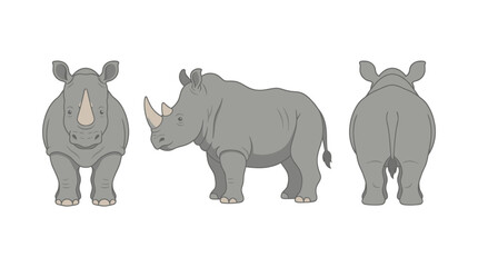 Naklejka premium Cute cartoon rhinoceros character design sheet showing front side and back views isolated on white background