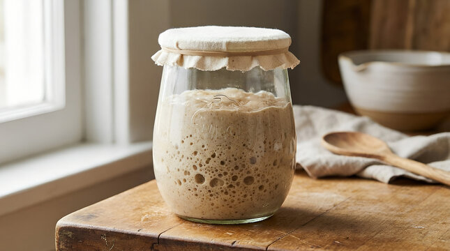 Sourdough starter bubbling in a clear glass jar on wooden table  