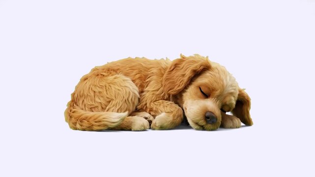 A cute, fluffy golden-brown puppy dog sleeping peacefully curled up on its side. This highly detailed 3D digital render features a clean, plain white background ideal for commercial pet product videos