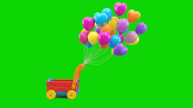 A vibrant 3D animated red toy wagon carrying a large, festive bunch of colorful heart-shaped balloons that float up. Positioned against a flat green screen background, this cheerful asset is perfect f