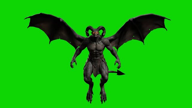 A terrifying 3D animated black demon or gargoyle creature stands in a front view with massive outspread bat wings and long curved horns. Set against a solid chroma key green screen background,