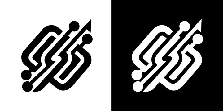 Modern technology logo design featuring abstract interlocking circuit loops with arrows in black and white variations