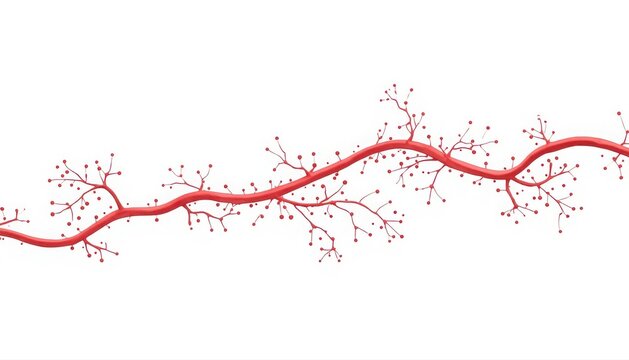 Biological neural network structure showing branching red vascular veins and cells with branching vascular structure abstract cellular circulatory capillary connection research microscopic