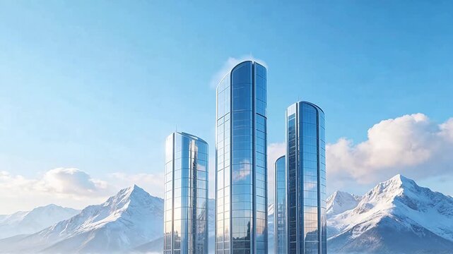 Modern skyscrapers in snowy mountain landscape