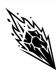 Fiery Meteorite Falling Icon, Cosmic Impact Symbol, Black and White Graphic © fadli