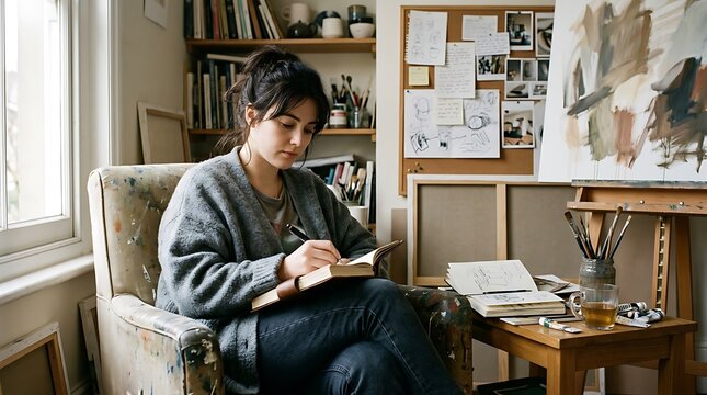 A creative young female artist sits comfortably in an old armchair inside her cozy art studio workspace, deeply focused on writing or sketching in a notebook surrounded by painting canvases.