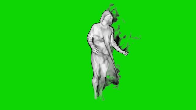 A mysterious 3D rendered spectral ghost or phantom figure shrouded in smoky dark aura standing against a bright green screen background. Perfect for horror video compositing, Halloween VFX, paranormal