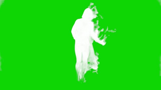 A glowing white energy silhouette of a humanoid figure engulfed in bright, active flames moves dynamically forward. Set against a chroma key green screen background, this VFX particle asset is tailore