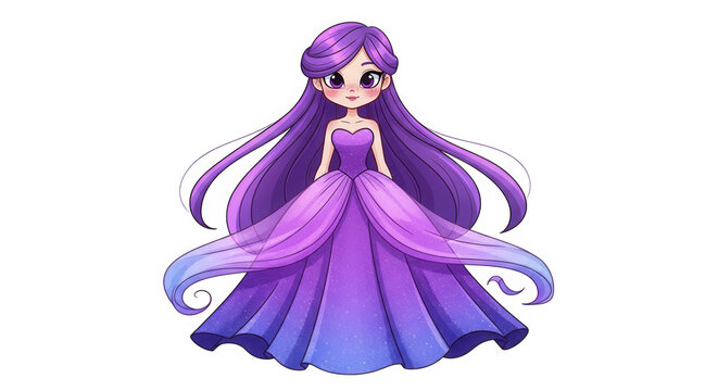 Pixel art princess character in a long purple dress with flowing hair isolated on transparent background