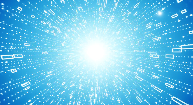 Abstract data tunnel background featuring streaming blue binary code with light flare streaming technology abstract background information computing internet communication software