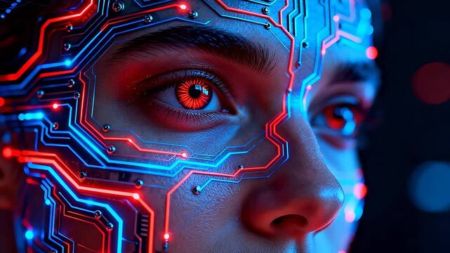 Human face with glowing circuit patterns