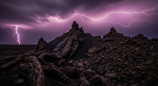 Dramatic Purple Lightning Strikes Jagged Mountain Peaks Under Stormy Sky