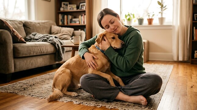 A happy young woman sits cross-legged on a rug in her cozy living room, tenderly hugging her loyal golden pet dog with closed eyes, sharing a beautiful moment of love and true companionship.