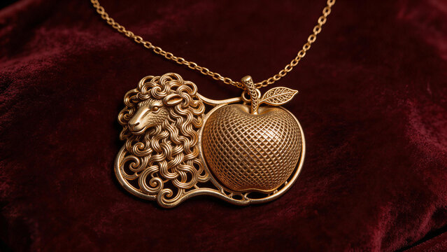 Gold necklace with lion and apple pendant