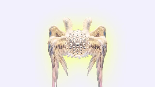 A 3D animated multi-winged seraphim creature covered in numerous eyes rotates in a continuous 360-degree loop. This surreal, biblically accurate angel model is presented against a clean white backdrop