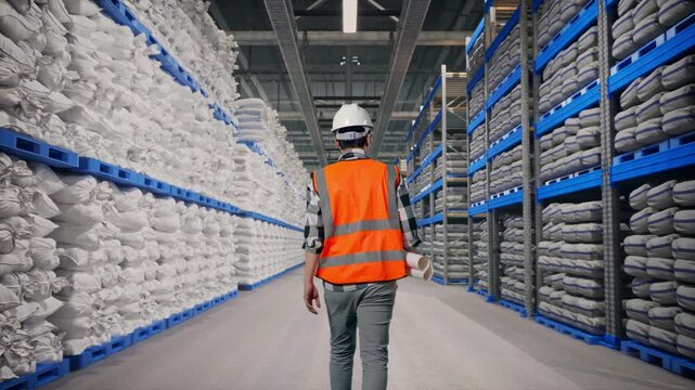 Back of Asian Male Engineer Holding Blueprint While Walking at Warehouse storage with stacked white sacks