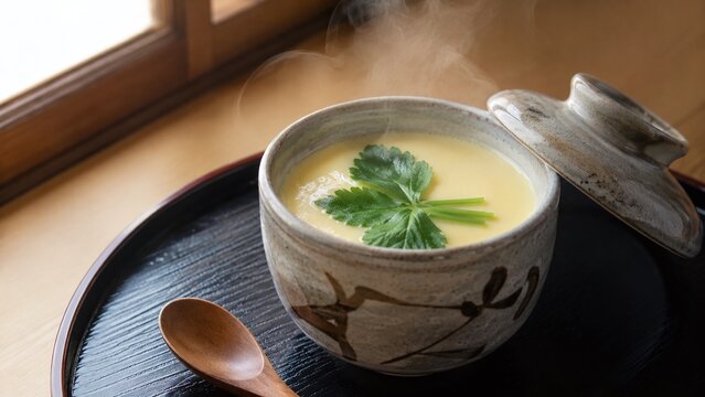蓋を開けたばかりの茶碗蒸し 三つ葉と立ちのぼる湯気 窓辺の自然光