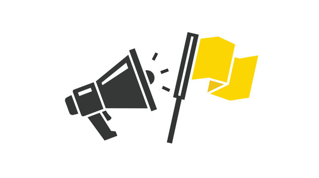 Bullhorn loudspeaker and yellow signal flag in bold charcoal and yellow flat vector for protest communication