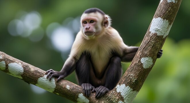 Capuchin monkey sitting on a tree branch in the rainforest