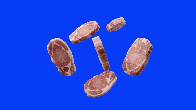 A group of fresh, raw boneless pork chops or loin steaks floating dynamically in a cluster against a solid blue screen backdrop. This 3D food asset is ideal for supermarket advertisements, cooking sho