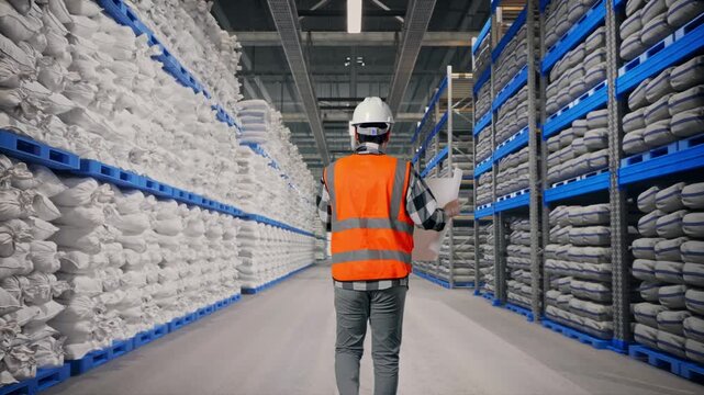 Back of Asian Male Engineer Looking At Blueprint In His Hands While Walking at Warehouse storage with stacked white sacks