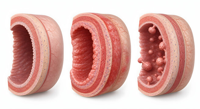 Colon Wall Comparison Normal Inflamed And Polyps